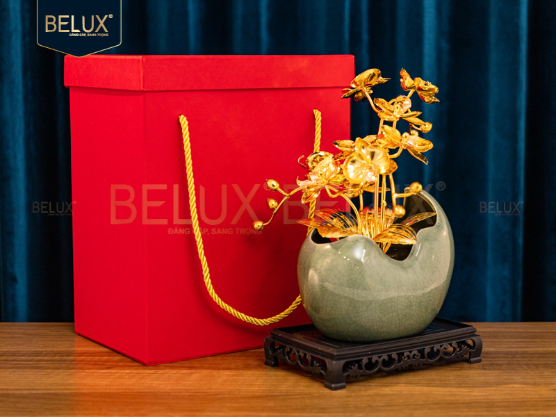 Chậu Lan Mãn Nguyệt mạ vàng 24k&nbsp;18x11x29cm